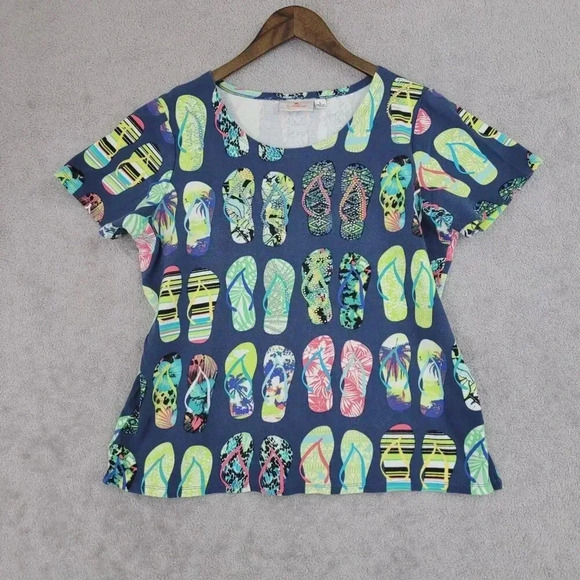 Quacker Factory Women L Flip Flop All Over Print T-Shirt  Short Sleeve 7CT - Picture 1 of 8